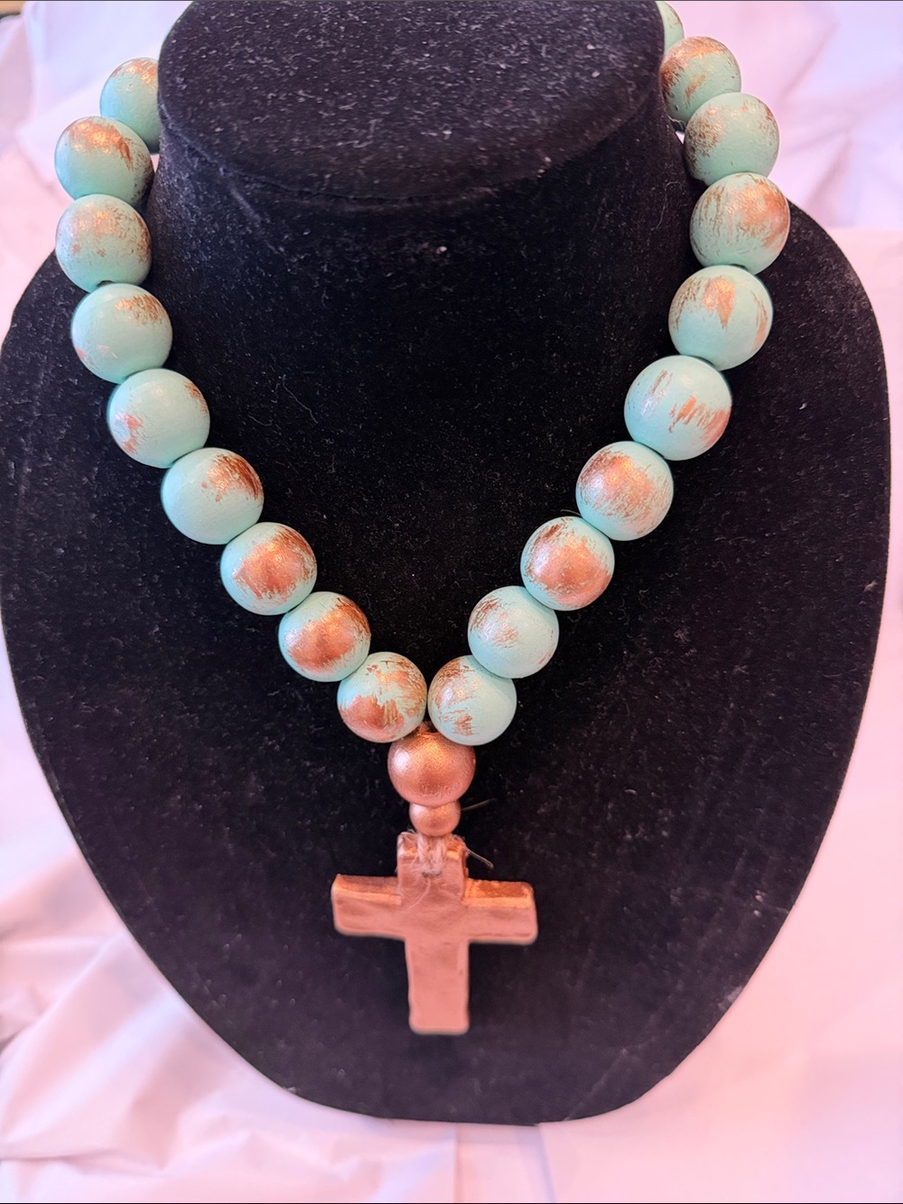 Turquoise and Gold Beaded Cross Necklace